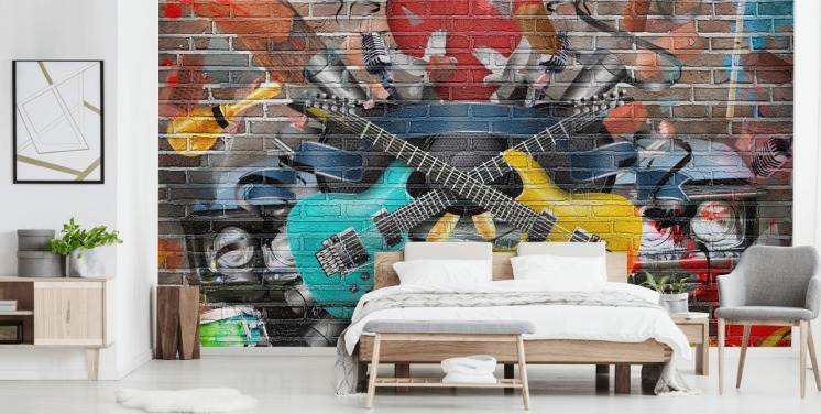 colourful customisable graffiti wallpaper mural called Graffiti - Guitar for teen's bedroom