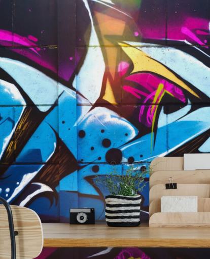 blå gatekunst tapetmaleri kalt Graffiti Urban for tenåringssoverom og kommersielle rom blå gatekunst tapetmaleri kalt Graffiti Urban for tenåringssoverom og kommersielle rom