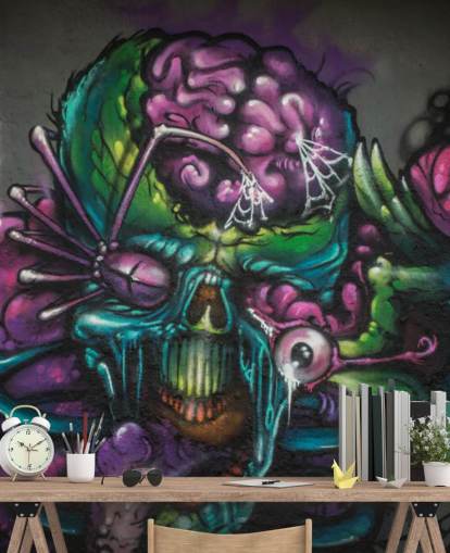 carta da parati murale con graffiti alieni personalizzabile viola e verde chiamata Graffiti - Alien Creature per una camera da letto per adolescenti carta da parati murale con graffiti alieni personalizzabile viola e verde chiamata Graffiti - Alien Creature per una camera da letto per adolescenti