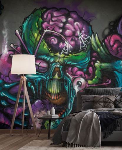 paarse en groene aanpasbare buitenaardse graffiti behangmuurschildering genaamd Graffiti - Alien Creature voor een tienerkamer paarse en groene aanpasbare buitenaardse graffiti behangmuurschildering genaamd Graffiti - Alien Creature voor een tienerkamer