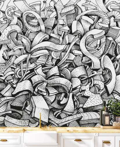 Papel de parede abstrato desenhado em preto e branco Papel de parede abstrato desenhado em preto e branco