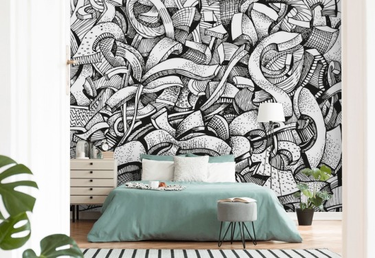 Papel de parede abstrato desenhado em preto e branco