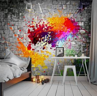 aanpasbare graffitibehangmuurschildering genaamd Ink Splatter voor de tienerkamer