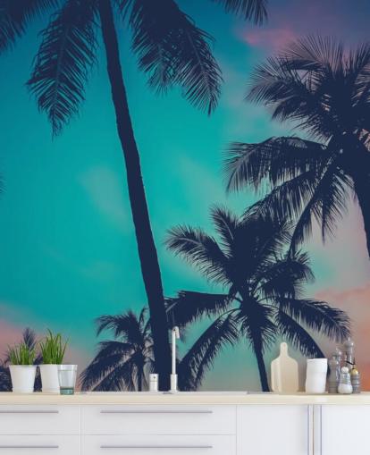 sort palme silhuetter mod blå, pink og orange himmel tapet sort palme silhuetter mod blå, pink og orange himmel tapet