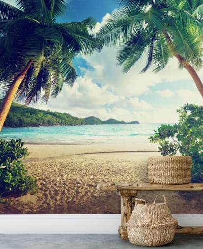 Solnedgång på stranden, Mahe Island, Seychellernas väggmålning Solnedgång på stranden, Mahe Island, Seychellernas väggmålning