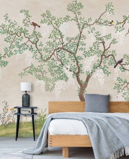 anpassat chinoiserie träd med fåglar tapetväggmålning som heter Calm Chinoiserie Tree för sovrum anpassat chinoiserie träd med fåglar tapetväggmålning som heter Calm Chinoiserie Tree för sovrum