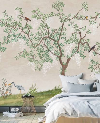 tilpasset chinoiserie-tre med fugler tapetveggmaleri kalt Calm Chinoiserie Tree for soverom tilpasset chinoiserie-tre med fugler tapetveggmaleri kalt Calm Chinoiserie Tree for soverom
