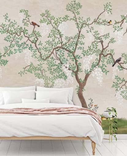 brugerdefineret chinoiserie træ med fugle tapetmaleri kaldet Calm Chinoiserie Tree til soveværelser brugerdefineret chinoiserie træ med fugle tapetmaleri kaldet Calm Chinoiserie Tree til soveværelser