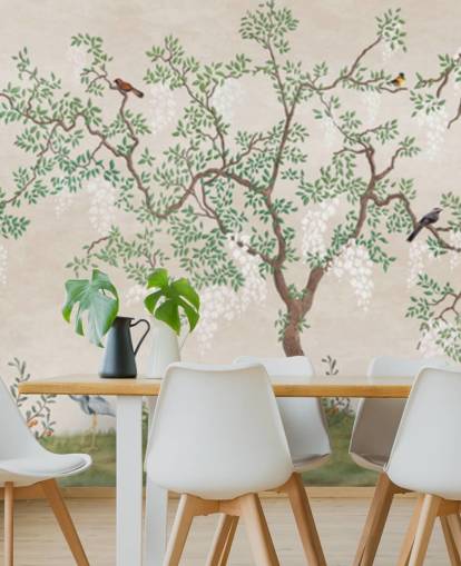 custom chinoiserie tree with birds wallpaper mural called Calm Chinoiserie Tree for bedrooms custom chinoiserie tree with birds wallpaper mural called Calm Chinoiserie Tree for bedrooms