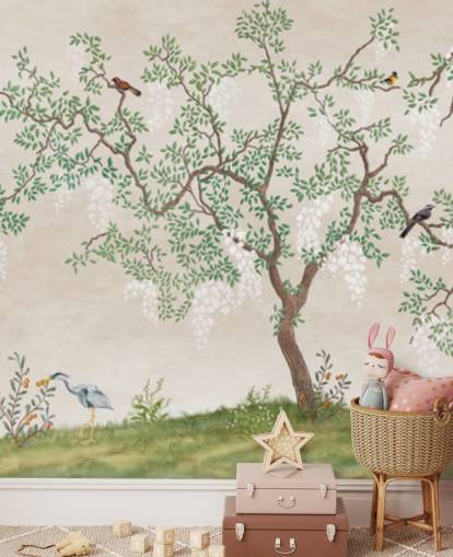 mural de papel de parede de árvore de chinoiserie personalizado com pássaros chamado Calm Chinoiserie Tree para quartos mural de papel de parede de árvore de chinoiserie personalizado com pássaros chamado Calm Chinoiserie Tree para quartos
