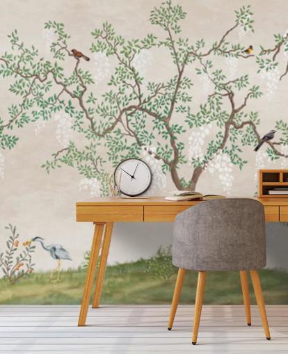 custom chinoiserie tree with birds wallpaper mural called Calm Chinoiserie Tree for bedrooms custom chinoiserie tree with birds wallpaper mural called Calm Chinoiserie Tree for bedrooms