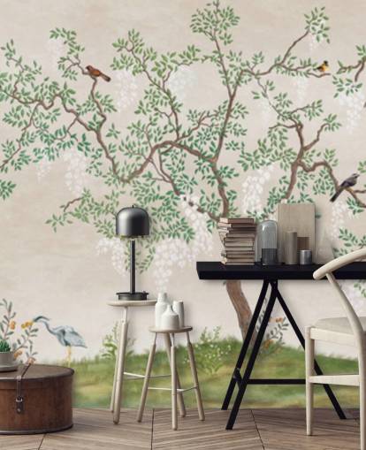 custom chinoiserie tree with birds wallpaper mural called Calm Chinoiserie Tree for bedrooms custom chinoiserie tree with birds wallpaper mural called Calm Chinoiserie Tree for bedrooms