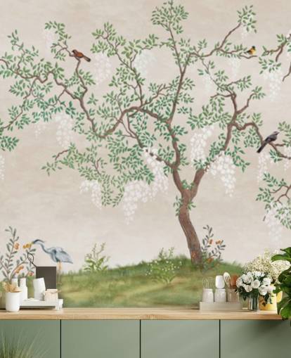 brugerdefineret chinoiserie træ med fugle tapetmaleri kaldet Calm Chinoiserie Tree til soveværelser brugerdefineret chinoiserie træ med fugle tapetmaleri kaldet Calm Chinoiserie Tree til soveværelser