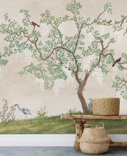 custom chinoiserie tree with birds wallpaper mural called Calm Chinoiserie Tree for bedrooms custom chinoiserie tree with birds wallpaper mural called Calm Chinoiserie Tree for bedrooms