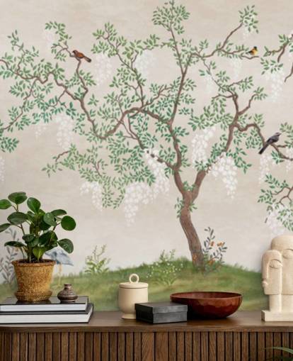 custom chinoiserie tree with birds wallpaper mural called Calm Chinoiserie Tree for bedrooms custom chinoiserie tree with birds wallpaper mural called Calm Chinoiserie Tree for bedrooms