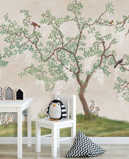 custom chinoiserie tree with birds wallpaper mural called Calm Chinoiserie Tree for bedrooms custom chinoiserie tree with birds wallpaper mural called Calm Chinoiserie Tree for bedrooms