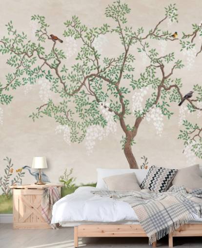 mural de papel de parede de árvore de chinoiserie personalizado com pássaros chamado Calm Chinoiserie Tree para quartos mural de papel de parede de árvore de chinoiserie personalizado com pássaros chamado Calm Chinoiserie Tree para quartos