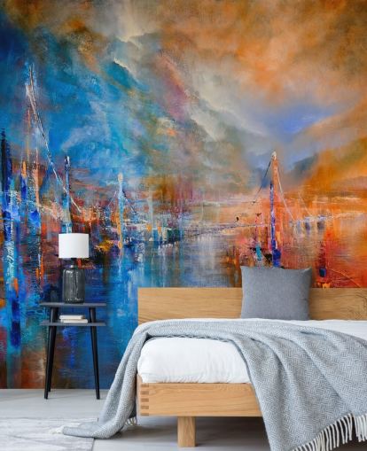multicoloured abstract painting of a river by a city wallpaper multicoloured abstract painting of a river by a city wallpaper