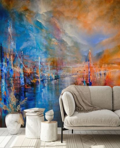 multicoloured abstract painting of a river by a city wallpaper multicoloured abstract painting of a river by a city wallpaper