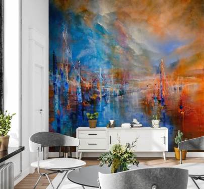 veelkleurig abstract schilderij van een rivier door een stadsbehang