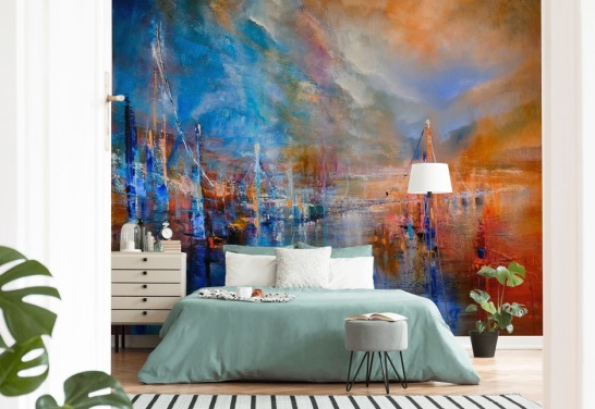 peinture abstraite multicolore d'une rivière par une ville papier peint