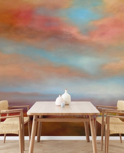 orange and red clouds amongst blue sky over pink heathland painting wallpaper orange and red clouds amongst blue sky over pink heathland painting wallpaper