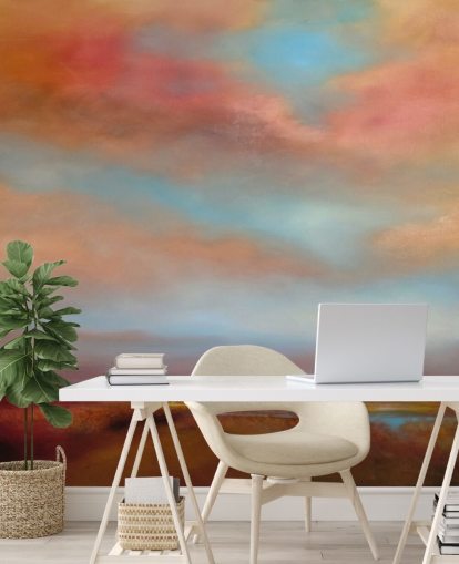 orange and red clouds amongst blue sky over pink heathland painting wallpaper orange and red clouds amongst blue sky over pink heathland painting wallpaper