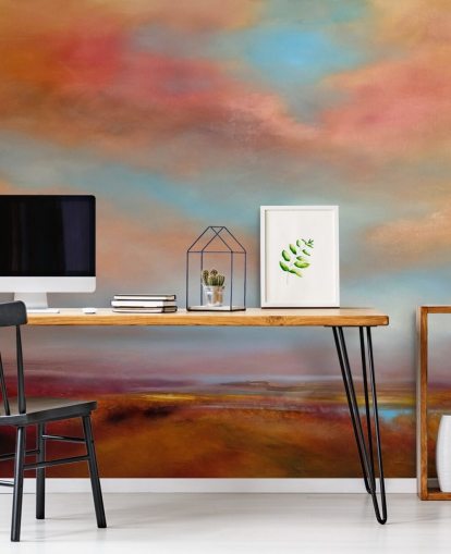 orange and red clouds amongst blue sky over pink heathland painting wallpaper orange and red clouds amongst blue sky over pink heathland painting wallpaper