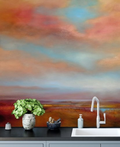 nubes naranjas y rojas entre el cielo azul sobre papel pintado de pintura de brezales rosa nubes naranjas y rojas entre el cielo azul sobre papel pintado de pintura de brezales rosa