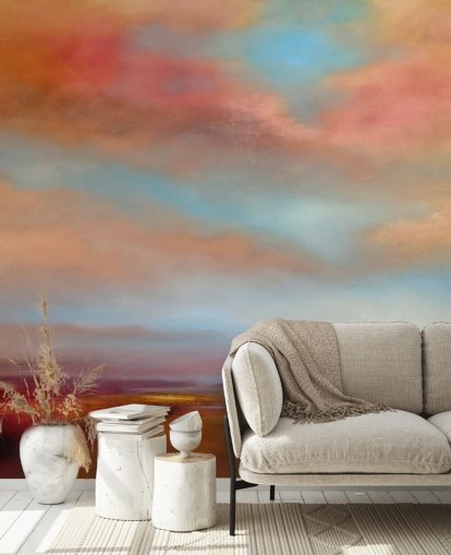 orange and red clouds amongst blue sky over pink heathland painting wallpaper orange and red clouds amongst blue sky over pink heathland painting wallpaper
