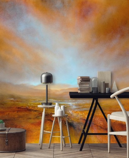 schilderij van een abstract oranje landschap bij herfstbehang schilderij van een abstract oranje landschap bij herfstbehang