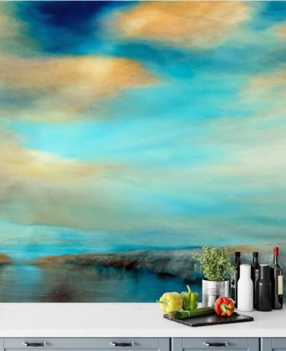 schilderij van een uitgestrekt blauw en waarom hemel boven een rivierbehang schilderij van een uitgestrekt blauw en waarom hemel boven een rivierbehang