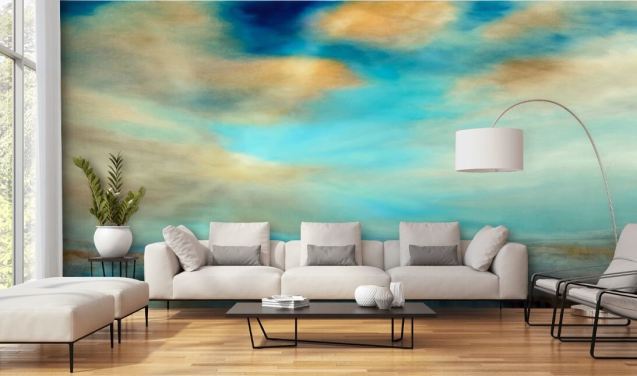 schilderij van een uitgestrekt blauw en waarom hemel boven een rivierbehang
