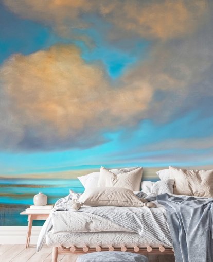 Gemälde des riesigen blauen Himmels mit weißen Wolken über dem See Tapete Gemälde des riesigen blauen Himmels mit weißen Wolken über dem See Tapete