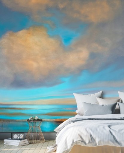 painting of huge blue sky with white clouds over lake wallpaper painting of huge blue sky with white clouds over lake wallpaper