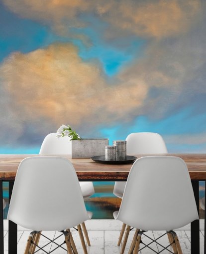 painting of huge blue sky with white clouds over lake wallpaper painting of huge blue sky with white clouds over lake wallpaper
