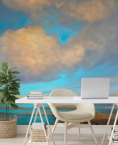 painting of huge blue sky with white clouds over lake wallpaper painting of huge blue sky with white clouds over lake wallpaper