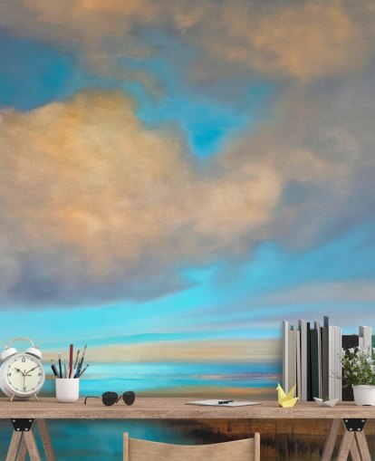 painting of huge blue sky with white clouds over lake wallpaper painting of huge blue sky with white clouds over lake wallpaper