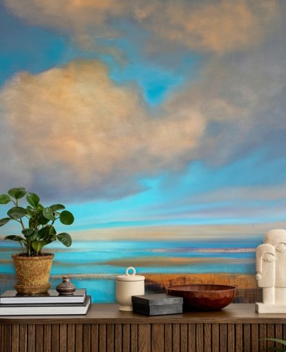 Gemälde des riesigen blauen Himmels mit weißen Wolken über dem See Tapete Gemälde des riesigen blauen Himmels mit weißen Wolken über dem See Tapete