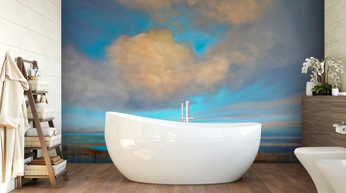schilderij van enorme blauwe lucht met witte wolken boven het behang van het meer