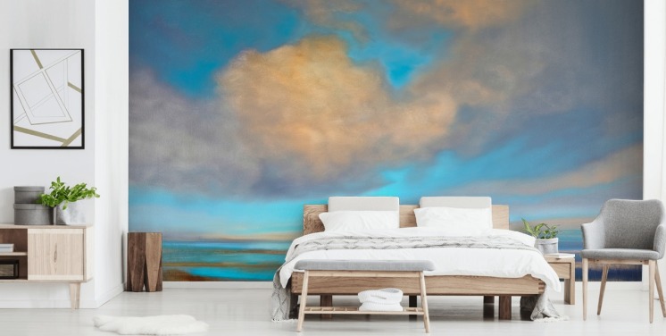 schilderij van enorme blauwe lucht met witte wolken boven het behang van het meer