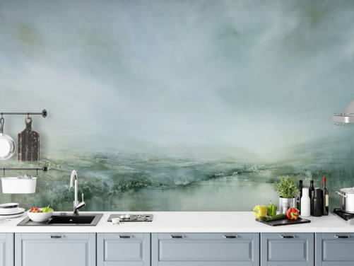 abstract painting of a misty heathland wallpaper