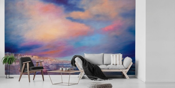 abstrakt maleri av en rosa og blå solnedgang himmel tapet