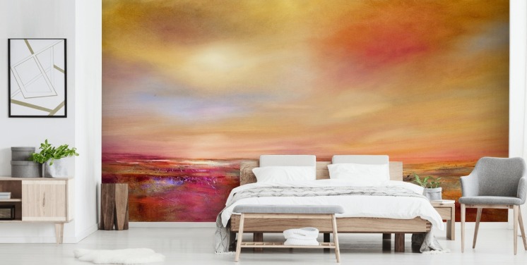 orange, pink and yellow sky and landscape painting wallpaper