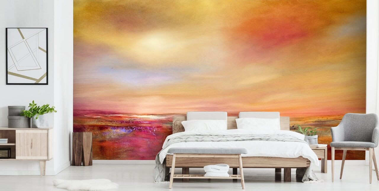 oransje, rosa og gul himmel og landskapsmaleri tapet
