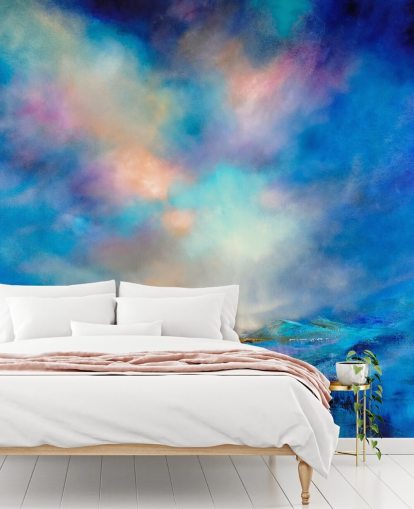 abstract blauw landschap met gouden brug in de verte behang abstract blauw landschap met gouden brug in de verte behang