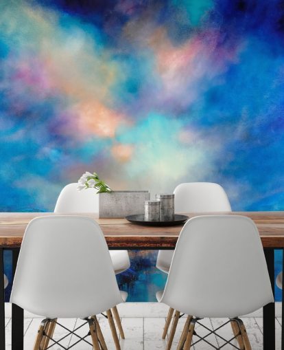 abstrakt blått landskap med gyllene bro i fjärran tapeter abstrakt blått landskap med gyllene bro i fjärran tapeter