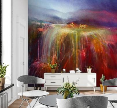abstract painting of overflowing colour in reds, oranges, pinks, purples wallpaper