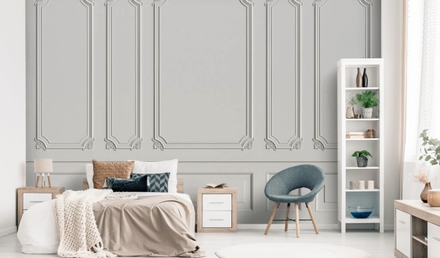 klassisk vintage off-white panelvegger tapetmaleri kalt Classic Panels for ganger og soverom