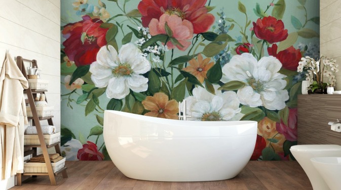 geschilderd rood, oranje, roze en rood bloemenbehang